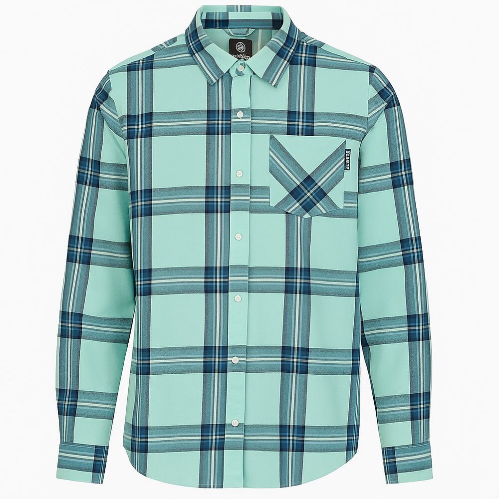 Flylow Shirt Mens XL Blue Green Plaid Snap Button Corbetts Ski Snowboard Logo